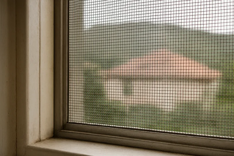 A fine metal mesh screen over an openable window — bushfire screens and mesh, Blue Mountains. Illustrative example.