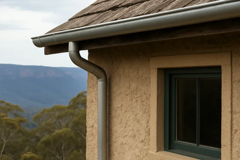 A cottage eave with a clean metal gutter above a sealed window frame — preparing your home for ember attack, Blue Mountains. Illustrative example.