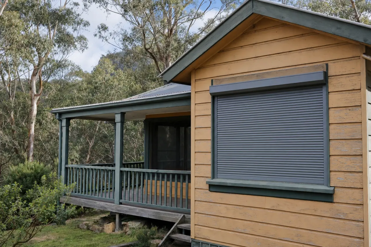 A closed metal shutter over a window on a timber cottage with eucalypts behind — bushfire shutters, Blue Mountains. Illustrative example.
